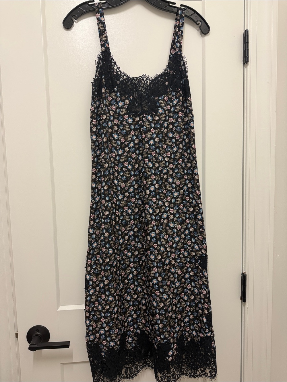 Black Floral Lace-Trim Silk Slip Dress